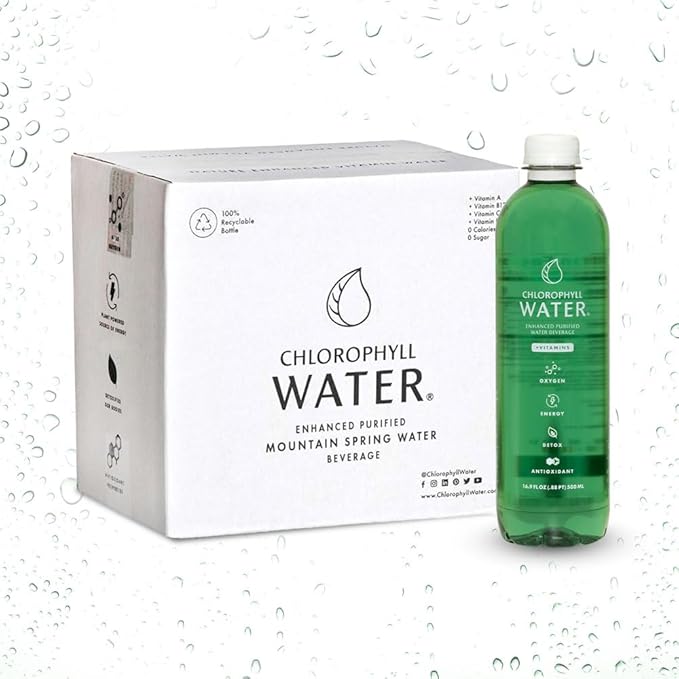 Chlorophyll Water (12-pack) Liquid Chlorophyll Drops in Purified Water Bottles For Glowing Skin Energy and Detox Vitamins A B12 C D3 Clean Label Certified Plant-Based Vitamin Water (16.9oz)