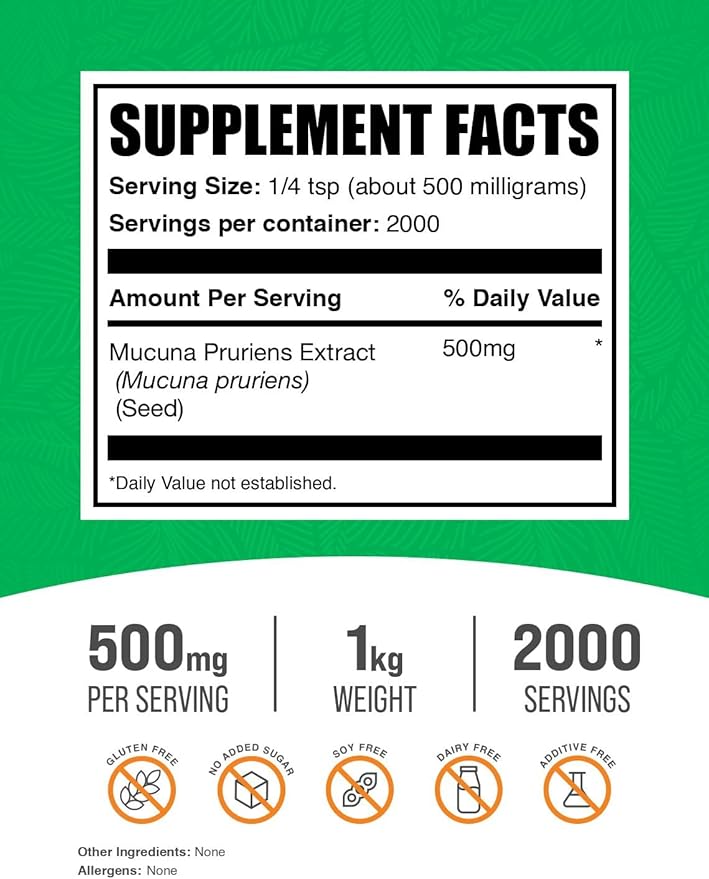 BulkSupplements.com Mucuna Pruriens Extract Powder - Mucuna Pruriens Supplements Herbal Supplement - Vegan &amp Gluten Free 500mg per Serving 1kg (2.2 lbs) (Pack of 1)