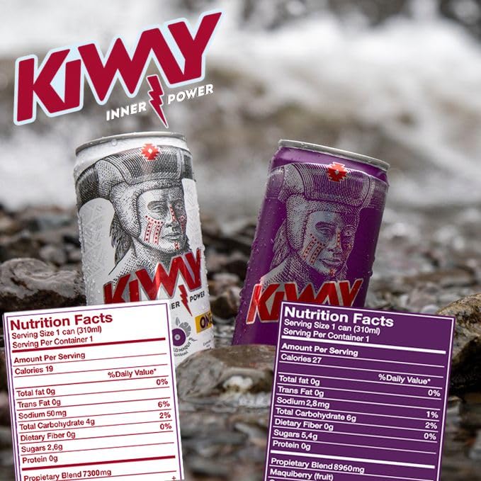 Ki-Way Natural Energy Drink Maqui Berry Natural Caffeine Guarana No Added Sugar No Artificial Colors or Sweeteners Keto Friendly Vegan Friendly 19 Calories 10 floz / 295mL 12-Can Value Pack