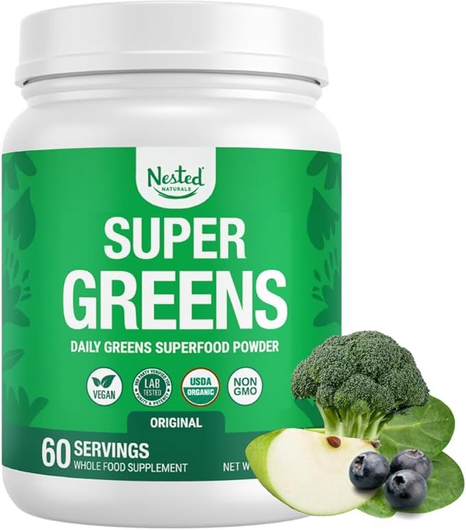 Nested Naturals Super Greens Daily Superfood Powder - Certified USDA Organic Green Powder w/20+ Whole Foods Spirulina Powder Wheat &amp Barley Grass - Probiotics Fiber &amp Enzymes - Original Fla
