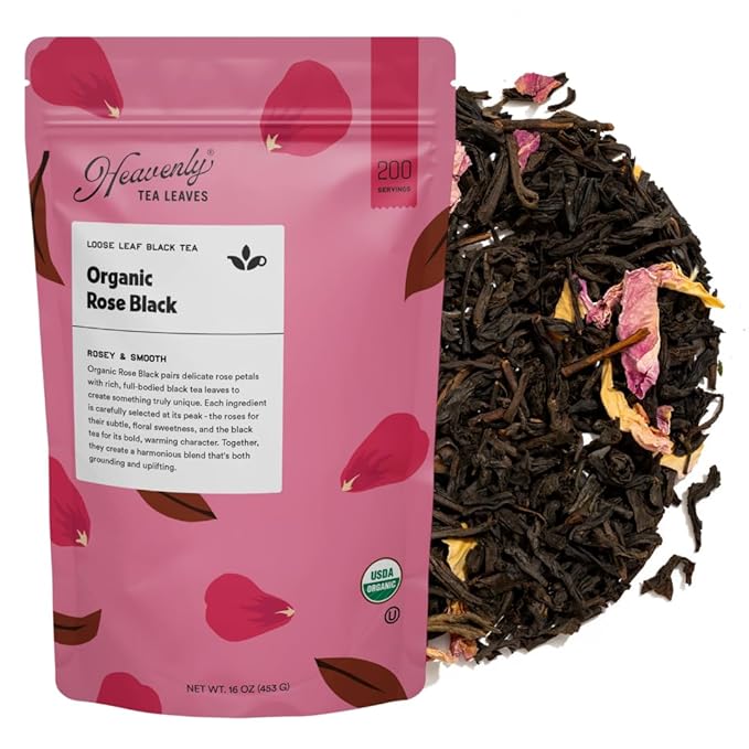 Heavenly Tea Leaves Organic Rose Black Bulk Loose Leaf Black Tea 1 Lb. (Approx. 200 Cups) - Strong Full Bodied Floral Great For Hot Or Iced Tea Antioxidant Black Tea With Rose Petals