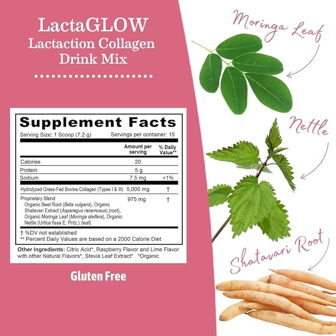 Earth Mama LactaGLOW Collagen Drink Mix 15 Servings – Drink Mix with Grass-Fed Collagen &amp Herbs to Help Support Breastmilk Supply* for Nursing Moms