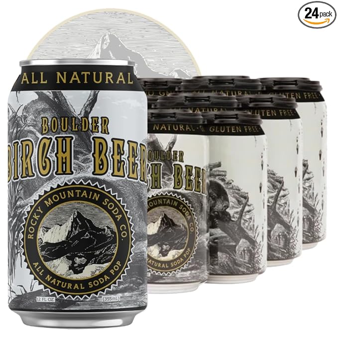Rocky Mountain Soda 24‑Pack 12 Fl Oz Cans Small‑Batch Craft Soda Pop Gluten‑Free Vegan Organic Cane Sugar No Preservatives No Added Sodium Birch Beer Soda Pop