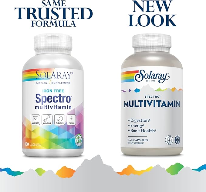 SOLARAY Spectro Multivitamin Iron Free - Multi Vitamin w/Calcium Magnesium Energizing Greens Digestive Enzymes - Digestion Cellular Energy Bone Health Immune Support 60 Servings 360 Capsules
