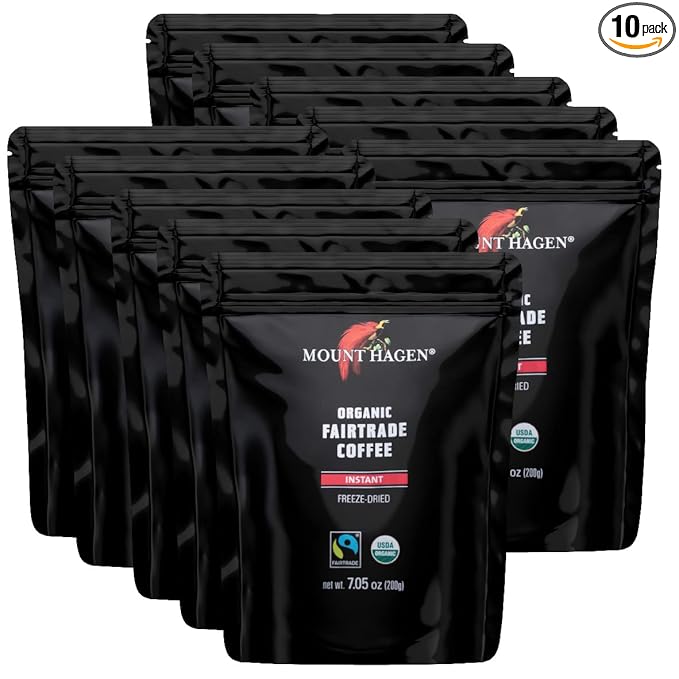 Mount Hagen 7.05oz Organic Freeze Dried Instant Coffee - 10 Pack | Medium Roast Arabica Beans | Eco-friendly Fair-Trade Instant Coffee in Resealable Pouch Bag [10x7.05oz]