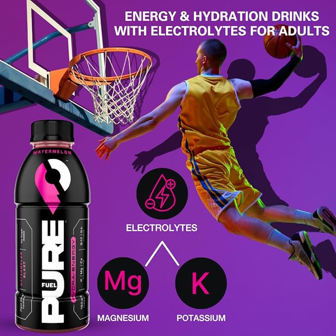 Pure Fuel Healthy Energy Drinks Watermelon Blast - Sports Drinks - Plant Based - 180mg Natural Caffeine - 12pk x 16.9 fl oz