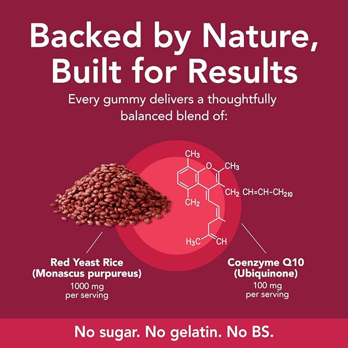 Sugar-Free Red Yeast Rice with CoQ10 Gummies - Cholesterol Supplements with Red Rice Yeast 1000 mg. - Cholesterol Gummies Complex - Vegan Non-GMO Gluten-Free &amp Citrinin-Free Supplement