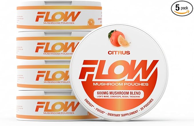 Mushroom Nootropic Pouches - 600mg Organic Mushroom Energy Ultra Pouches with Lion's Mane Reishi Cordyceps for Focus &amp Clean Energy - Zero Caffeine or Sugar (5 Can Pack Citrus)