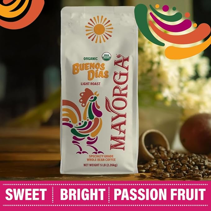 Mayorga Organic Coffee 5lb Buenos Dias - Light Roast Whole Bean Coffee Specialty Grade 100% Arabica Slow Roasted Citrusy and Sweet Flavor with Low Acidity - USDA Organic Non-GMO Kosher