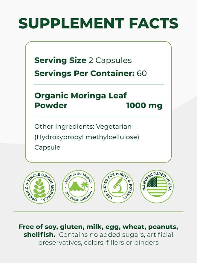 PURA VIDA MORINGA Organic Moringa Capsules Single Origin Moringa Powder Organic. Pure Moringa Leaf. Energy Metabolism &amp Immune Support. 120ct. 500mg Caps (Pack of 2)