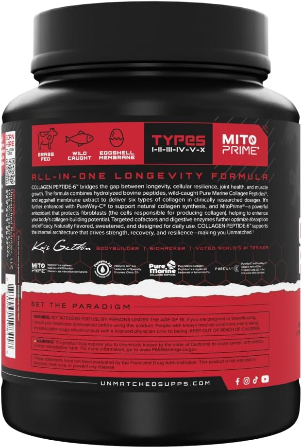 Unmatched Collagen Peptide-6 | Multi-Source Collagen Powder with Vitamin C Biotin &amp Hyaluronic Acid | Supports Skin &amp Joint Health | 36 Servings (Unflavored)