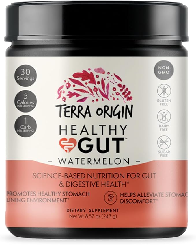 TERRA ORIGIN Healthy Gut Watermelon | 30-Servings with L-Glutamine Zinc Glucosamine Slippery Elm Bark Marshmallow Root and More!