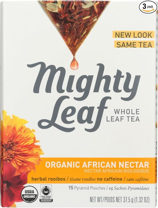 Mighty Leaf Organic African Nectar Rooibos Herbal Tea – 45 Count (3 Packs of 15 Silken Tea Bags) – Fruity &amp Floral Caffeine-Free Blend – Premium Whole Leaf Herbal Tea for Hot or Iced Brewing