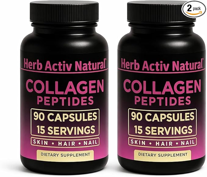 Collagen Peptides Capsules - Bovine Source - Skin Hair Nail Support - 90 Capsules per Bottle - 15 Servings - Pack of 2