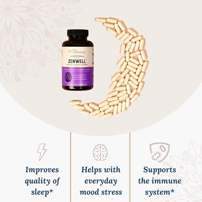 Live Conscious KSM-66 Ashwagandha Supplement w/L Theanine &amp AlphaWave - ZenWell Everyday Stress Relief Cognitive Brain Health - Ashwagandha for Men &amp Women - 60 Capsules (2-Pack)