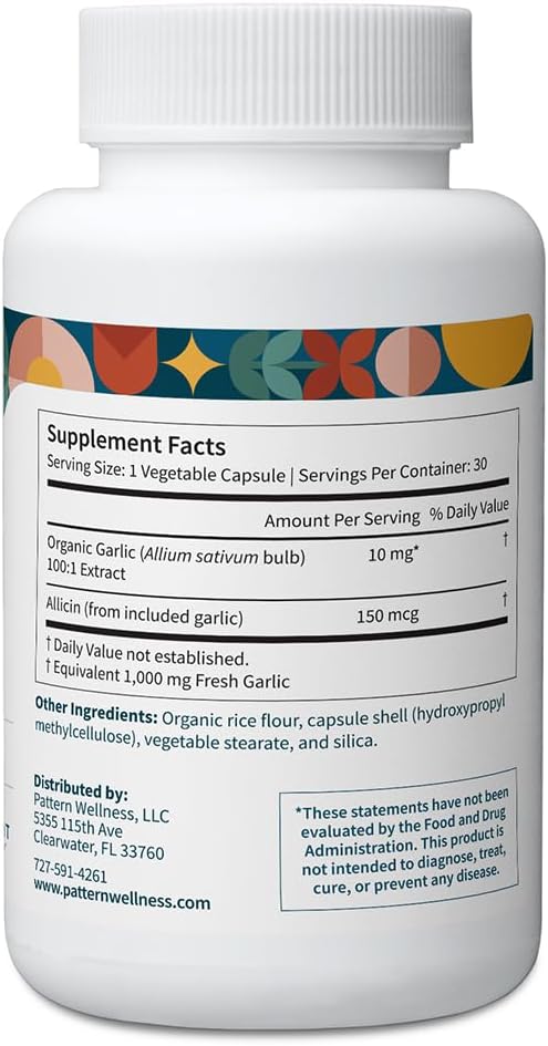 Pattern Wellness Odorless Organic Garlic - 1000mg - Supports Circulatory &amp Immune Health - Non-GMO Gluten Free Vegan - 60 Capsules