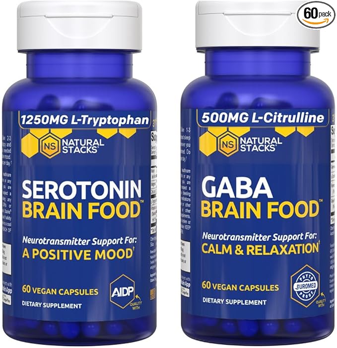 NATURAL STACKS Serotonin &amp GABA Brain Food Bundle - Supports a Positive Mood &amp Calmness* - 120 Total Capsules