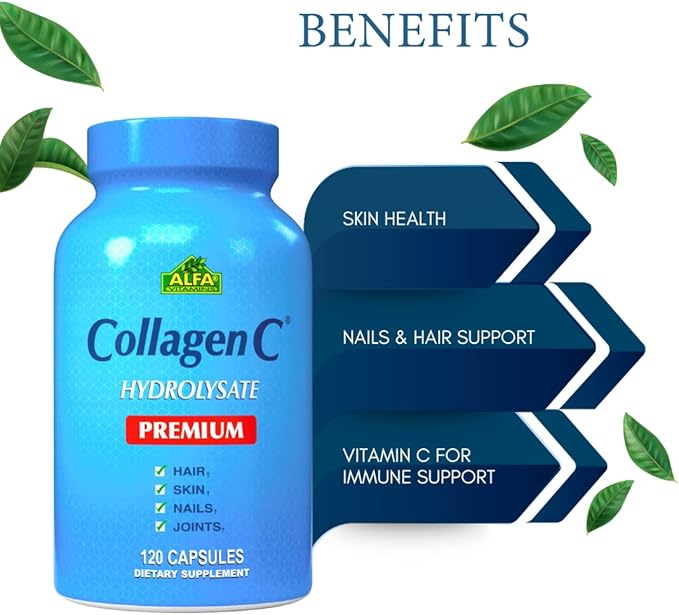 ALFA VITAMINS CollagenC Hydrolysate Premium Dietary Supplement with Vitamin C Supports Skin Hair Nails &amp Bone Health Enhances Collagen Production Collagen Peptides for Rejuvenation120 Capsul