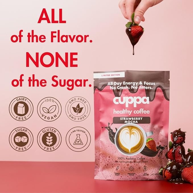 Cuppa Coffee - Great tasting Straberry Mocha coffee with mushrooms adaptogens &amp superfoods - Lion's Mane Ashwagandha Cordyceps MCT Prebiotic Fiber &amp L-Theanine. Supports natural energy &a