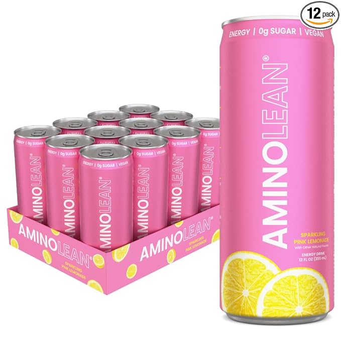 RSP NUTRITION AminoLean Energy Drink - Sugar Free Amino Energy with Natural Caffeine &amp Vegan Amino Acids for No Jitters Tingles or Crash Pink Lemonade Pack of 12