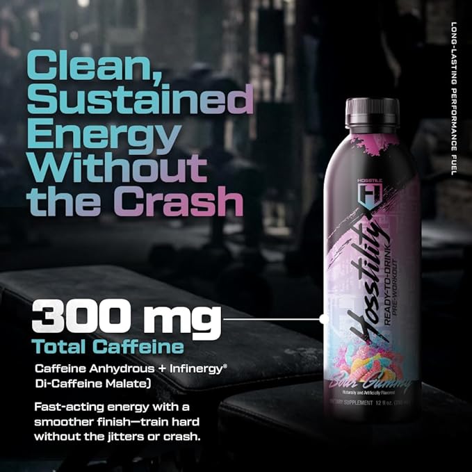 HOSSTILE Hosstility RTD Pre-Workout – Ready to Drink Pre Workout for Energy Focus Pump &amp Hydration All-in-One Formula for Performance Sour Gummy 12 Servings