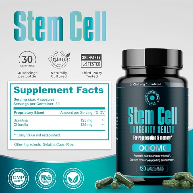 Premium Stem Cell Supplements 1000mg (240 Caps) Boost Immunity Reduce Joint Soreness Support Natural Anti-Aging &amp Longevity with Spirulina &amp Chlorella for Vitality Celulas Madre Health For