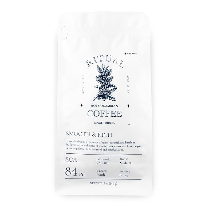 Ritual Specialty Coffee - Colombian Single Origin Ground Coffee Low Acid Smooth &amp Rich SCA 84+ Score (Caramel Vanilla Cocoa) Medium Roast 12oz (340g) 100% Arabica Castillo Variety