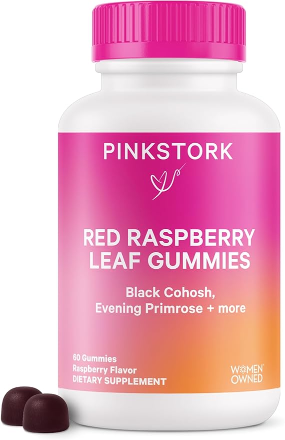 Pink Stork Red Raspberry Leaf Gummies - Third Trimester Labor Prep + Postpartum Mood Essentials with Evening Primrose Oil + Black Cohosh - 60 Vegan Gummy Supplements Non-GMO