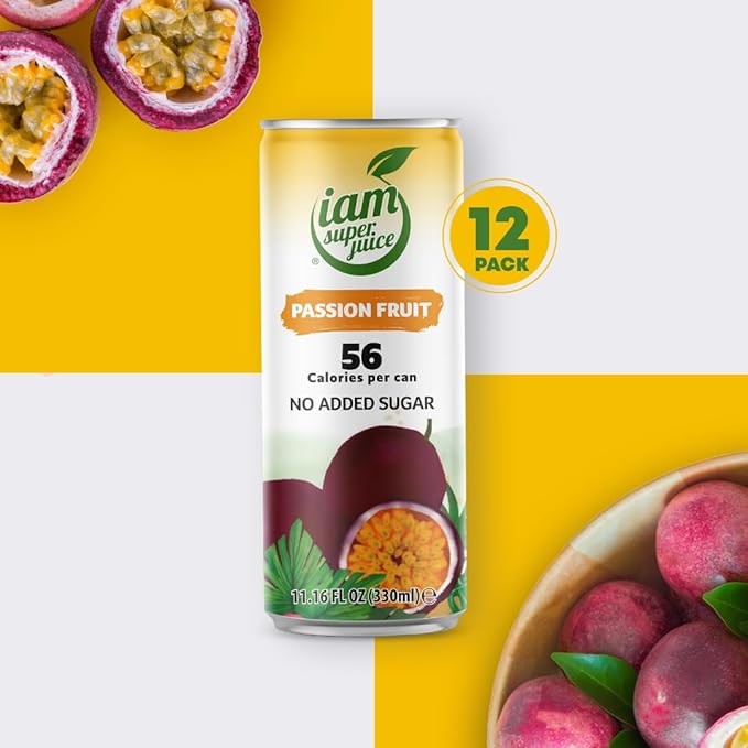I am Superjuice Passion Fruit - Natural Fruit Juice Drink - Zero Added Sugar - Low in calories (56 per can) - 12 Pack x 11.16 FL OZ
