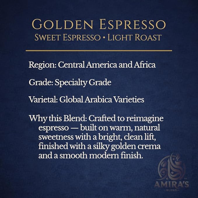 Amira’s Golden Espresso – Light Roast Sweet Espresso Blend Specialty Grade Freshly Roasted Always – Espresso Reimagined (12oz Drip Ground)