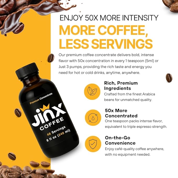 Jinx Coffee Concentrate – 50x Stronger Cold Brew Coffee | Strong Caffeine Concentrated Liquid Perfect for Instant Hot or Iced Coffees Cold Brew Concentrate Hot Drinks and Instant Espresso | 48 Ser