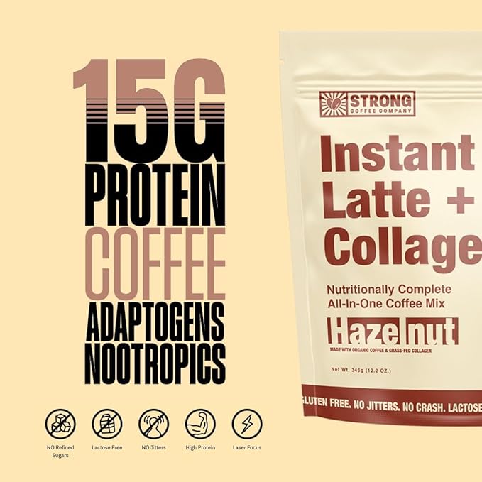 Strong Coffee Co. Hazelnut Instant Latte | Organic Coffee with 15g Collagen Protein | Lion’s Mane &amp L-Theanine | Nootropic Instant Coffee | 12 Servings