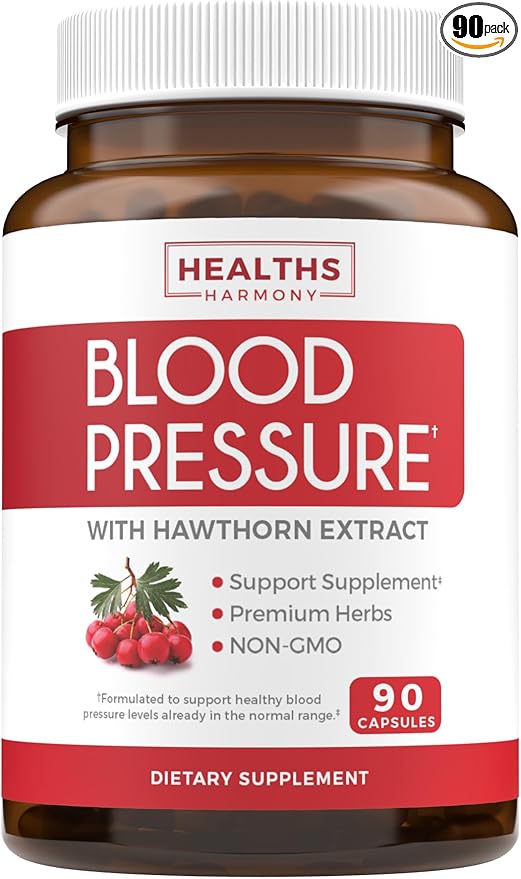 Blood Pressure Support Supplement (NON-GMO) Premium Natural Herbs Vitamins &amp Berries - High Dosage of Hawthorn Berry Extract – Supports Blood Pressure Levels Already In The Normal Range – 90 Caps