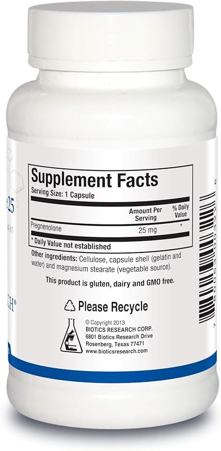 Biotics Research Pregnenolone 25-25 mg Pregnenolone Support Memory &amp Hormone Balance Hormone Precursor or Parent Hormone. 90 Capsules