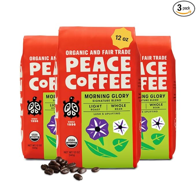 Peace Coffee Morning Glory Signature Blend Light Roast Whole Bean Coffee 12 oz Pack of 3 Organic Fair Trade Smooth Mild Flavor Shade Grown Fresh Roasted