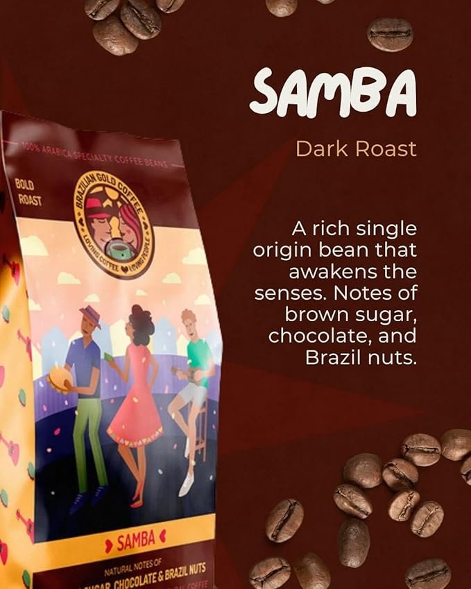 Brazilian Gold Coffee Samba Gourmet Brown Sugar Chocolate &amp Brazil Nuts Low Acidity Bold Roast Whole Bean 12 oz