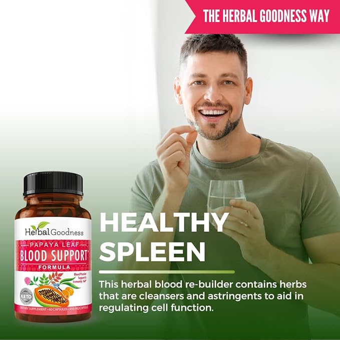 Herbal Goodness Papaya Leaf Blood Support Capsules - Platelet &amp Bone Marrow Health Immunity Support &amp Blood Cleanse - 60/450mg Veggie Capsules (1 Bottle)
