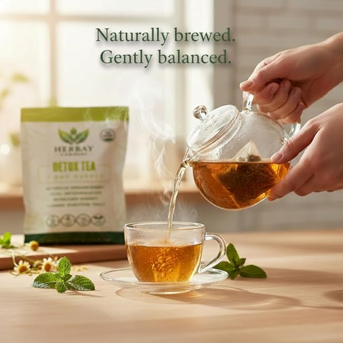 Herbay Harmony Organic Detox Tea – Caffeine-Free Herbal Cleanse for Bloating Relief Digestive Tea &amp Natural Body Detox Organic Herbal Blend with Ginger Chamomile &amp Papaya - 12 Pack (12 Week