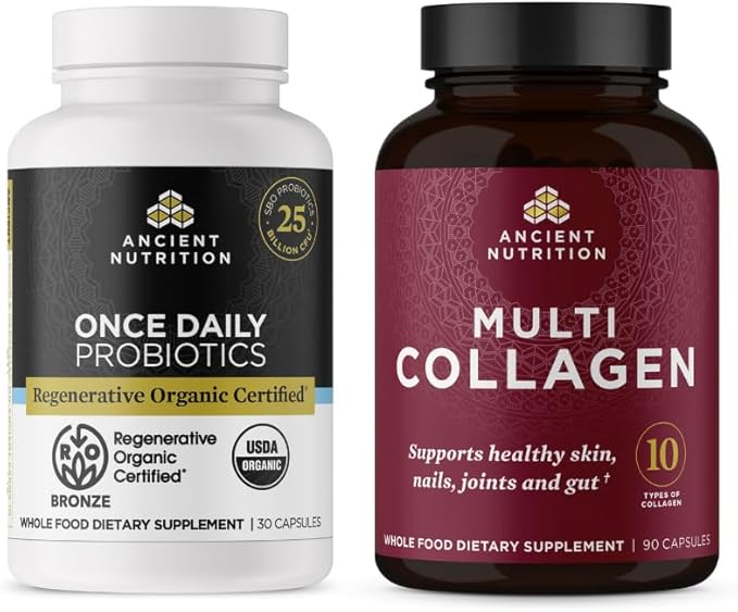 Ancient Nutrition Regenerative Organic Certified Once Daily Probiotics 30 Count + Multi Collagen Peptides Capsules 90 Count
