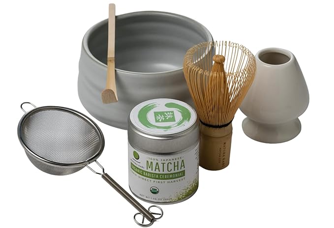 Matcha Kari Dr. Weil Complete Tea Set - White - Japanese Ceremonial Organic Matcha with Whisk and Holder Ceramic Bowl Sifter and Scoop
