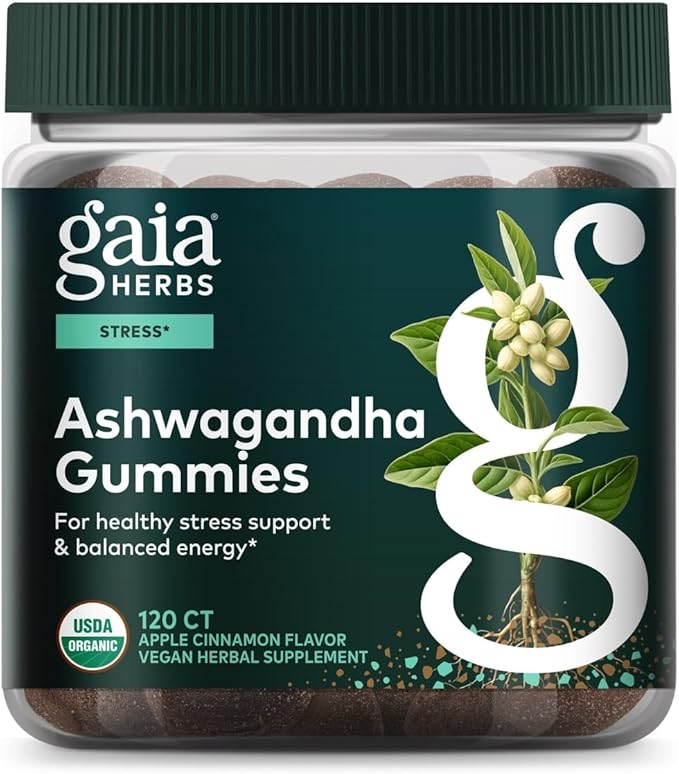 Gaia Herbs Organic Ashwagandha Gummies - Stress Support* - Made with Cinnamon &amp Ginger - Gluten Free &amp Vegan - 120 Count (40 Servings)