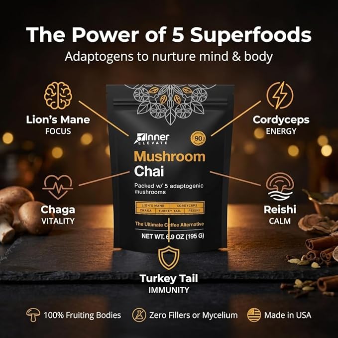 Inner Elevate Mushroom Chai - Ultimate Coffee Alternative - Adaptogenic Mushroom Tea Drink with Lion's Mane Cordyceps Chaga Reishi Turkey Tail (90 Servings)