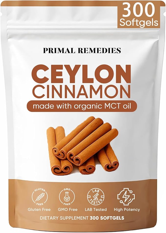 Primal Remedies Ceylon Cinnamon Capsules – 300 Softgels Equivalent Per Serving Cinnamomum Verum Bark Extract Clean Plant Based Supplement for Daily Wellness Routine (1)