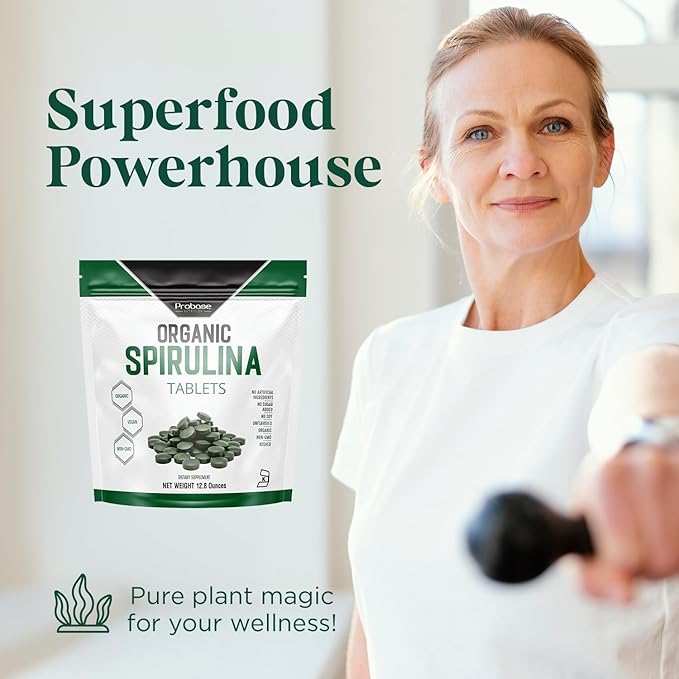 Probase Nutrition Organic Spirulina Supplement 3000MG Per Serving 720 Tablets (4 Month Supply) No Filler &amp Non-GMO Rich in Vegan Protein Vitamins &amp Prebiotics Premium Spirulina Pills
