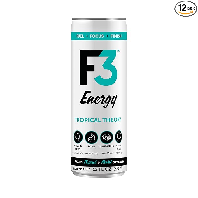 F3 Energy Tropical Theory Energy Drink - Muscle Building Sports Drinks w/BCAA Panax Ginseng &amp Ginkgo Biloba - Natural Energy Drinks for Mental Focus &amp Muscle Recovery 125 mg Caffeine (12 pac