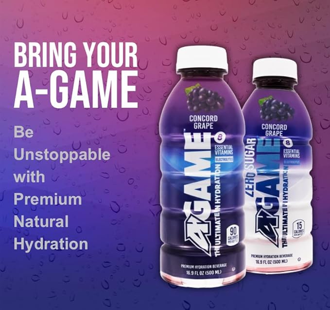 A-GAME Zero Sugar Sports Drink Concord Grape Zero Sugar FreNatural Flavors Gluten Free &amp Keto Friendly 16.9 Fl Oz (Pack of 12)