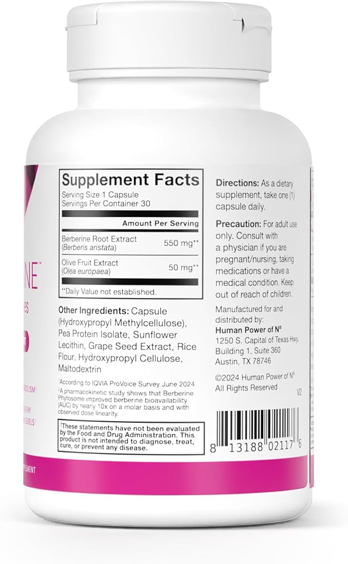 Humann SuperBerine Berberine Supplements Healthy Metabolism &amp Blood Sugar Support - Clinically Researched Ingredient - High Absorbency Concentrated Dose Formula with Olive Leaf Extract - 30 Caps