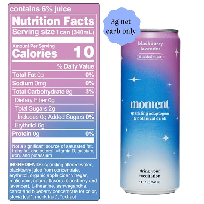 Moment Botanical Soda Soft Drink (Shark Tank) - SPARKLING Non Alcoholic Drinks | Blackberry Lavender | L-Theanine &amp Ashwagandha for Calm &amp Clarity | 0 Added Sugar 0 Caffeine | 24-pack