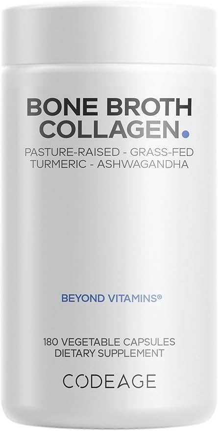Codeage Organic Bone Broth Collagen Peptides Capsules Supplement Bone Broth Grass Fed Beef Free-Range Chicken Turmeric &amp Ashwagandha - Collagen Types I II III - Non-GMO - 180 Capsules
