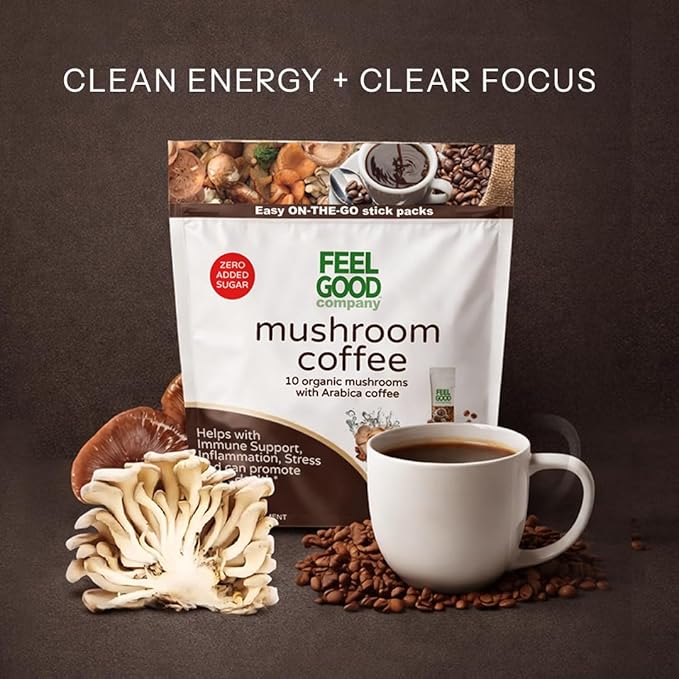 Feelgood Company Mushroom Coffee with 10 Organic Mushrooms and Arabica Coffee 30 Stick Packs Zero Added Sugar Supports Immune Health and Brain Function
